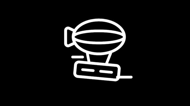 Simple white line art icon of a blimp or airship on a black background