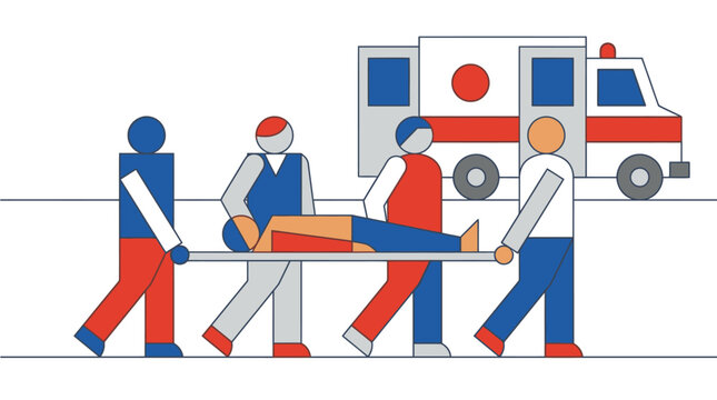 Emergency medical services illustration depicting first responders transporting a patient on a stretcher to an ambulance for immediate care