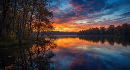 Fototapeta premium autumn forest reflecting in calm lake during vibrant sunset glow.