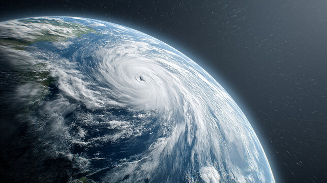 Hurricane viewed from space above Earth. Atmospheric storm cloud formation over ocean. Global climate change and extreme weather phenomenon. Satellite observation of natural disaster cycle.