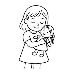 Dibujo sencillo con líneas de una niña feliz, con ropa informal, que se divierte abrazando a una muñeca  © teracreonte
