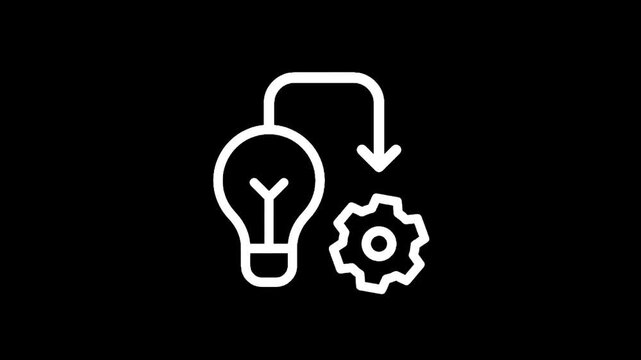 Conceptual icon showing a light bulb connected to a gear, symbolizing innovation and process