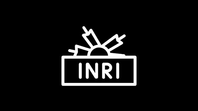 INRI inscription on a gift box with a ribbon, minimalist white outline icon on black