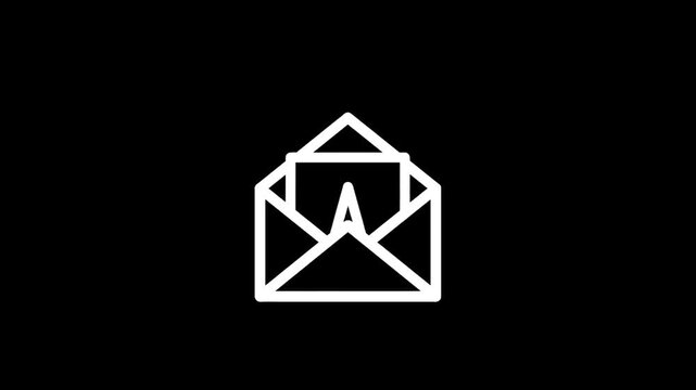 White line art icon of an open envelope with a letter inside on a black background