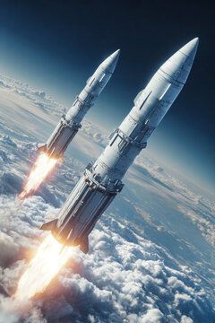 Two military missiles ascend into the sky, leaving trails of smoke behind as they maneuver over Earth and clouds during a combat scenario