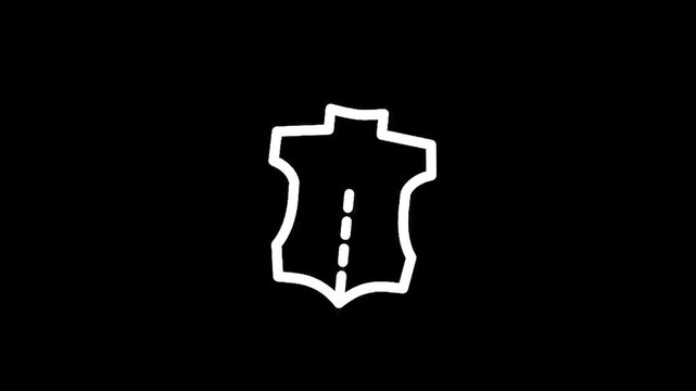 Simple white outline icon of a leather hide with a dashed line down the center on black