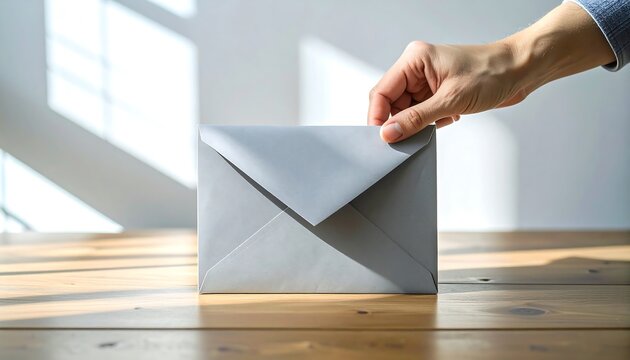 A hand opens an envelope on a wooden table indoors.