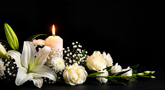 funeral concept white lilies roses glowing candle dark black background copy space mourning sorrow grief bereavement remembrance sympathy condolence flower arrangement resting peace
