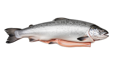Fresh raw whole salmon fish fresh fillet slice lying white background isolated seafood cooking ingredient healthy diet omega nutrition concept