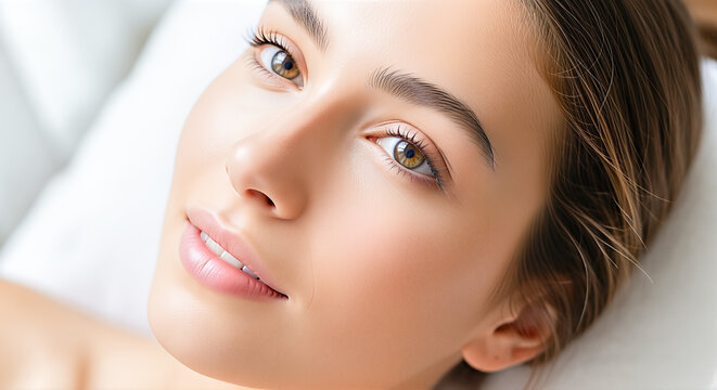 Beautiful young woman face close up portrait perfect clean glowing skin resting white pillow spa wellness cosmetics beauty skincare concept