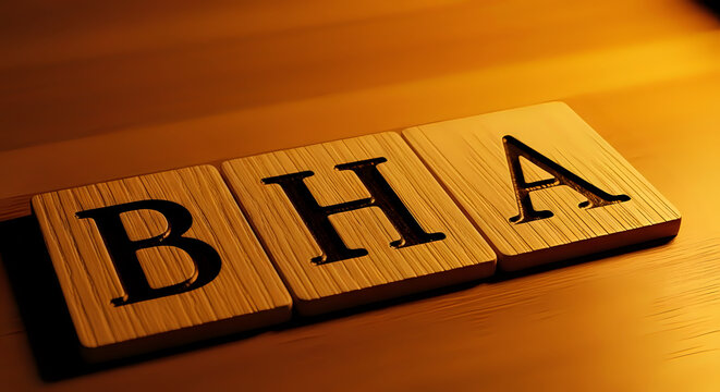 Close-up of BHA letters on wooden blocks on transparent background