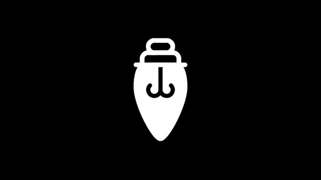 Simple white icon of a fishing lure shaped like a light bulb on a black background