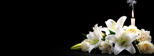 funeral mourning concept tall thin candle with smoke white lilies roses beautiful floral bouquet dark black background copy space sorrow grief sympathy condolence obituary © Celt Studio