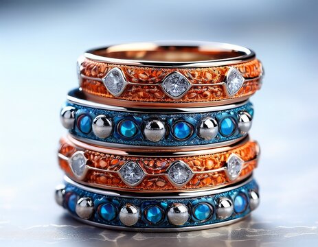 colorful stacked rings with blue and orange patterns and silver studs