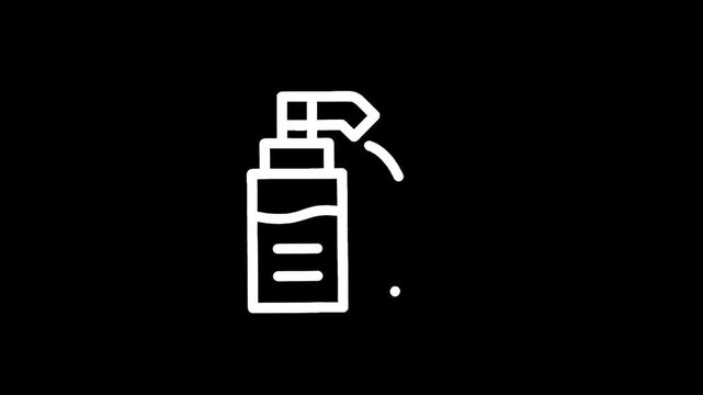 White line art icon of a dispenser bottle with liquid being dispensed on a black background
