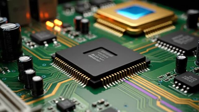 Closeup of a computer chip on a circuit board showcasing the intricate details of modern technology and electronic components.