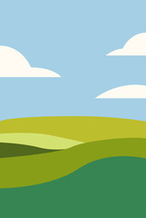Fototapeta premium Dibujo sencillo de un paisaje con prados de hierba y un fondo de cielo con nubes