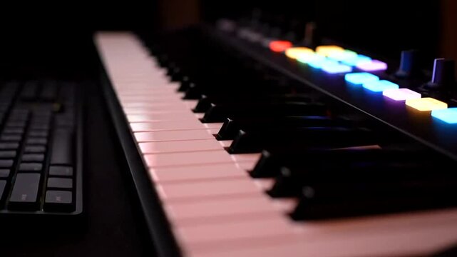 Closeup of a digital piano keyboard with colorful illuminated buttons.