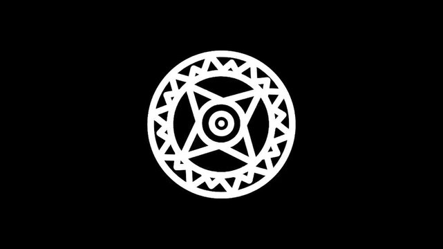 Mystical white geometric symbol with concentric circles and star pattern on black background