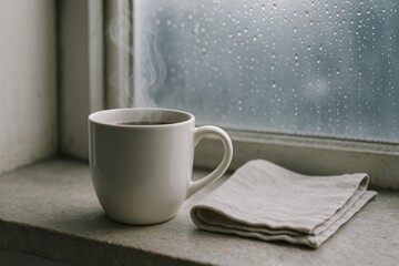 Fototapeta premium Coffee mug steaming next to cloth on wet window sill in cozy atmosphere