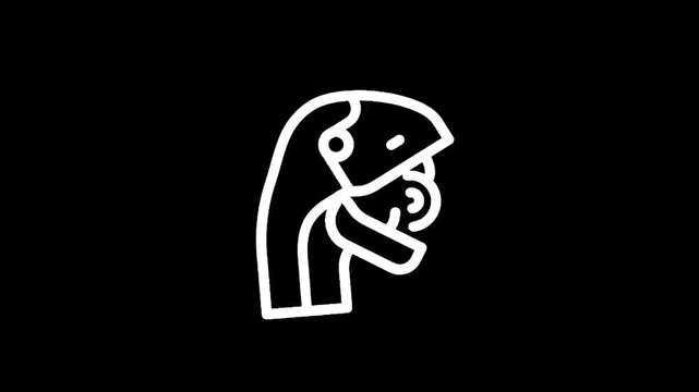 Stylized white line art icon of a mother holding her baby against a black background