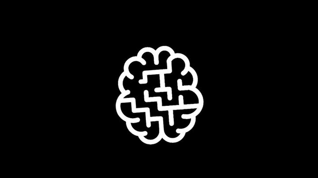 Stylized white brain maze icon on a black background representing complex thought processes