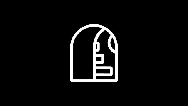 Minimalist white outline icon of a backpack on a black background, representing travel and adventure