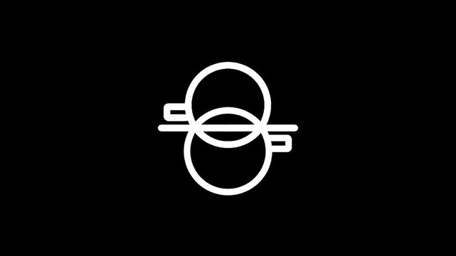 Abstract white symbol of two overlapping circles with a horizontal line through the center on a black background