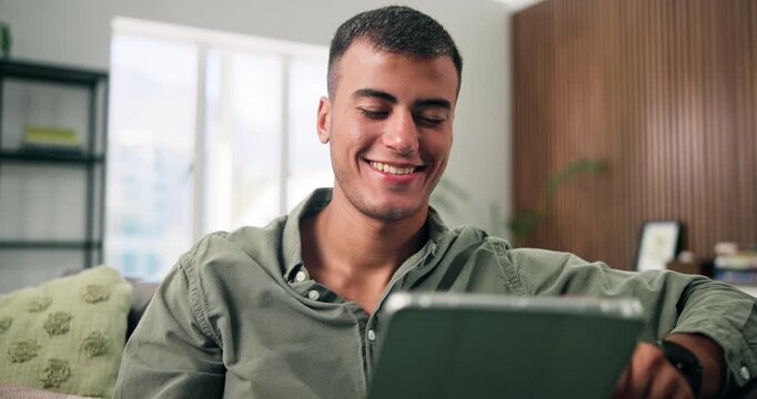 Scroll, reading or man with tablet for remote work, social media post engagement or community management. Review, smile or marketing coordinator with tech for online trend research, freelance or home