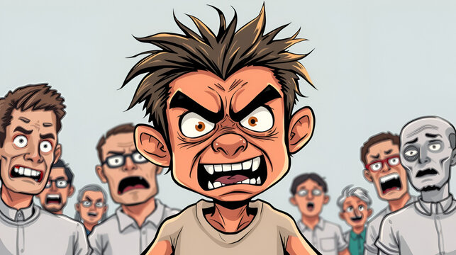 Very Angry Human Cartoon.  Unhappy Peoples.  Furious Persons.