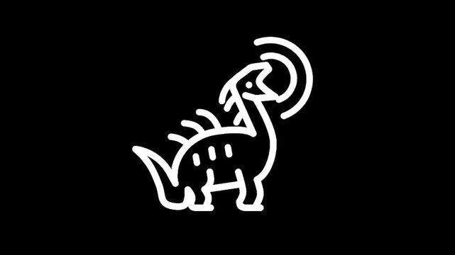 Stylized white outline of a Parasaurolophus dinosaur with crest and sound waves on black background