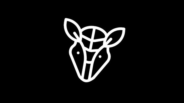 Minimalist white line art of an armadillo head with leaf-like ears on a black background