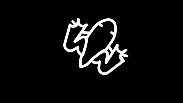 Simple white line art illustration of a frog jumping against a black background