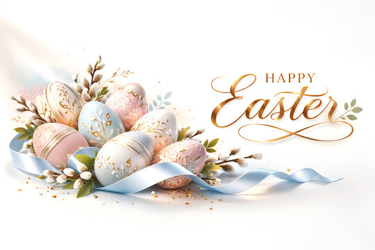 Luxury Easter greeting card with gold &ldquo;Happy Easter&rdquo; calligraphy, ornate pastel Easter eggs, willow branches light background with copy space.  Elegant  easter card