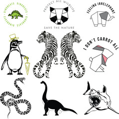 Set of 9 Unique Animal Illustrations Vector Collection Featuring Dinosaurs, Wildlife, and Origami Style Designs for Nature-Themed Projects © md