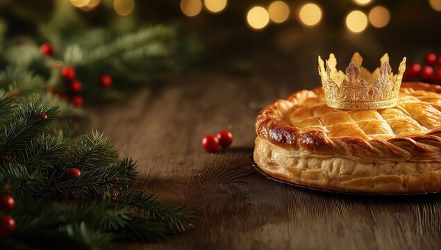 Golden Galette des Rois cake with a feve and crown, symbolizing the Epiphany tradition, on a wooden table with festive decor