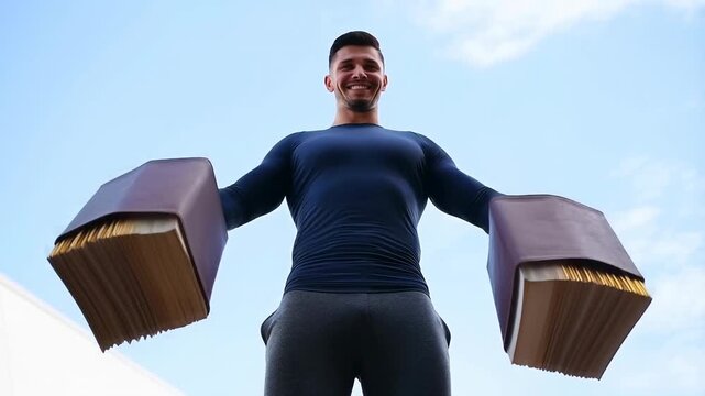 Fit man smiling while holding weights outdoors against a clear blue sky, showcasing strength and motivation