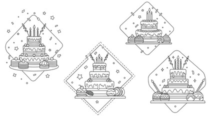 Fototapeta premium Birthday cake outline badges featuring tiered cakes with candles and party decorations for celebration and event planning.