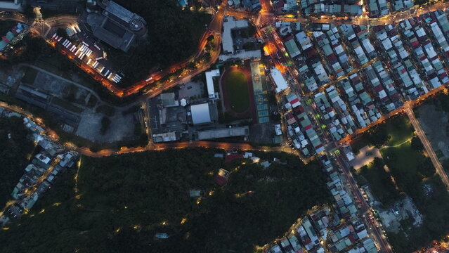 Top down aerial view of city residential area.