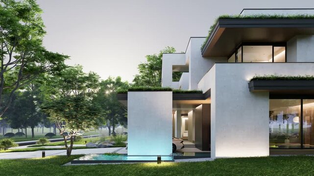 4K video rendering of two-story house with parking and pool for sale or rent with concrete facade and beautiful landscaping Clear summer evening with cozy light from window