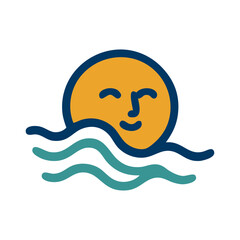 Logo agencia de viajes. Vacaciones de verano. Dibujo sencillo con líneas de un sol con cara sonriente con olas de mar © teracreonte