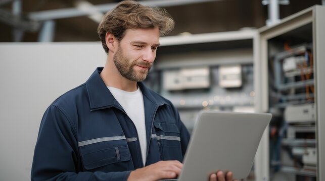 Factory electrician troubleshooting programmable logic controller connections, laptop displaying ladder logic beside industrial control panel during manufacturing equipment maintenance, perfect for
