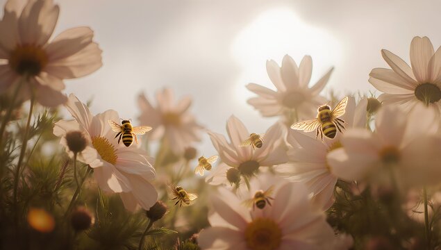Bees pollinating blooming flowers in warm sunlight in spring meadow