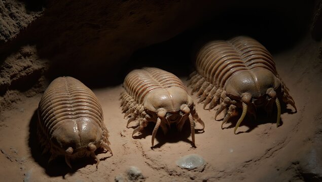 Trilobite fossils crawling on ancient seabed in prehistoric marine environment