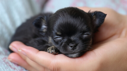 Obraz premium Tiny Chihuahua puppy sleeping in a hand with a cozy background