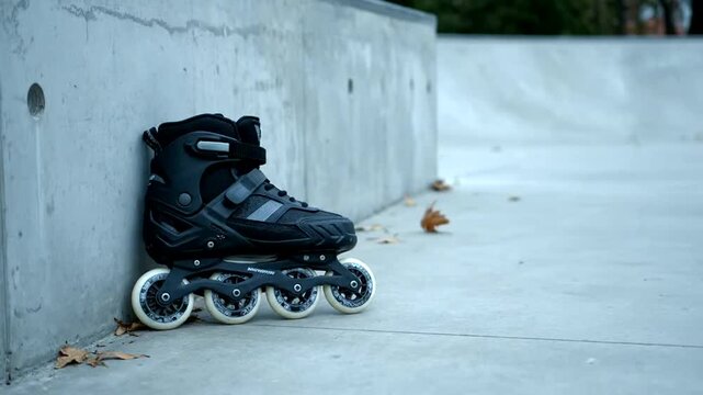 Closeup of inline skates resting against a concrete wall in a skate park with a person skating in the background.