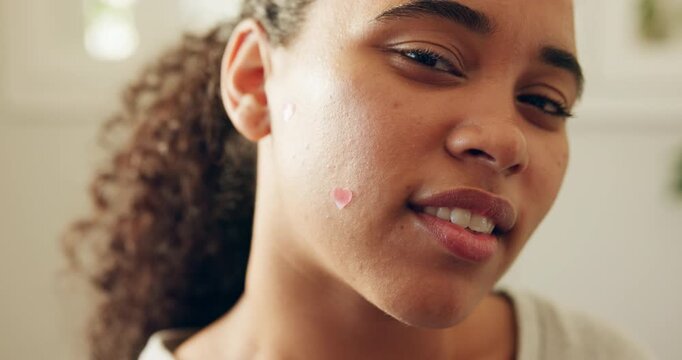 Face, acne patch and woman in bathroom, skincare for healthy skin and dermatology. Pimple, blemish cosmetics and person in home, wellness and spot treatment for breakout healing, pore detox or beauty