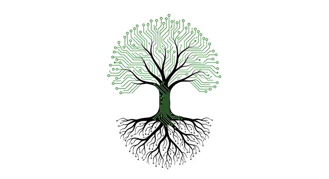 Minimalist circuit tree roots traces branches data lines green sustainable tech symbolism concept