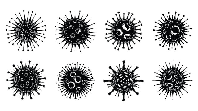 Detailed black and white sketches of various virus or bacteria cells showing intricate surface structures and spikes.