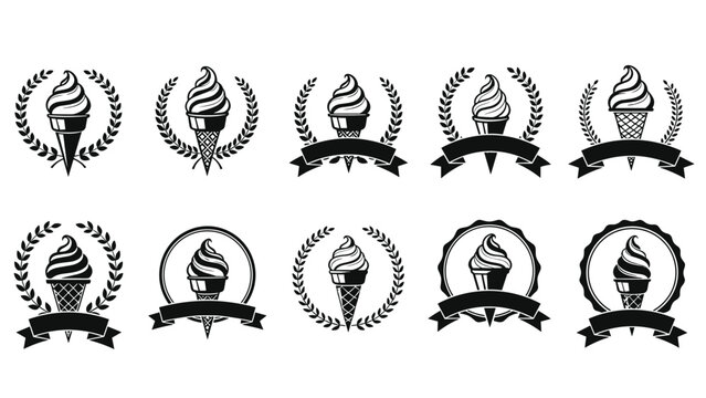 Ice cream shop emblem set with soft serve cones framed by laurel wreaths, ribbons, and circular borders for frozen dessert branding.